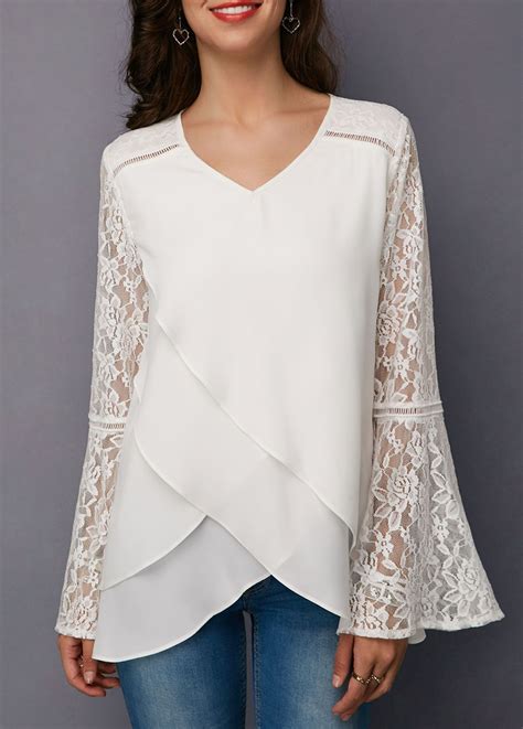 White Lace Panel Asymmetric Hem Blouse Usd 3206