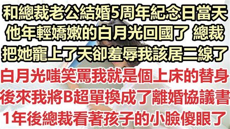 和總裁老公結婚5周年紀念日當天，他年輕嬌嫩的白月光回國了，總裁把她寵上了天卻羞辱我該居二線了，白月光嗤笑罵我就是個上床的替身，後來我將b超單換成了離婚協議書，1年後總裁看著孩子的小臉傻眼了