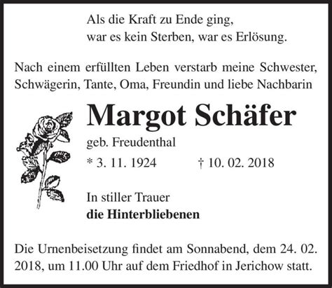 Traueranzeigen von Margot Schäfer geb Freudenthal abschied