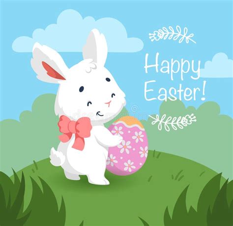 Happy Easter Card With Cute White Bunny And Easter Egg On A Green