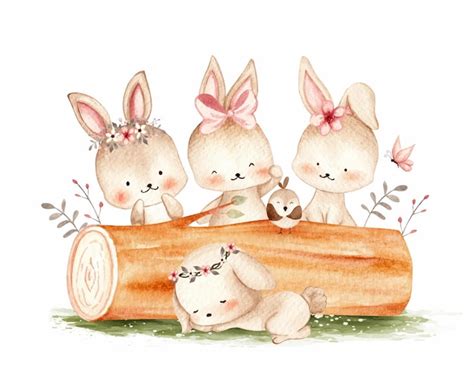 Illustration Aquarelle De Lapins Mignons Vecteur Premium