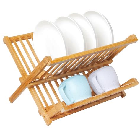 Folding Dish Rack 2 Levels Wood Dish Drying Rack Plates Drainer Natural