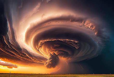 Tempestade vento e relâmpago Furacão ou super tufão sobre o campo