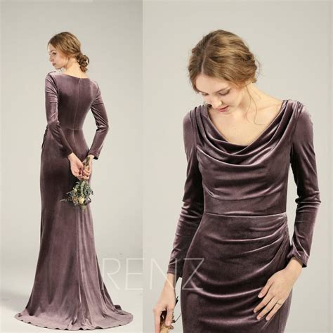 Dark Mauve Velvet Bridesmaid Dress Long Sleeve Wedding Dress Cowl Neck