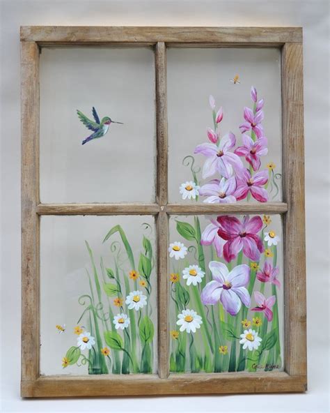 Painted Gladiolus Flower Window Hummingbird With Daisies Window