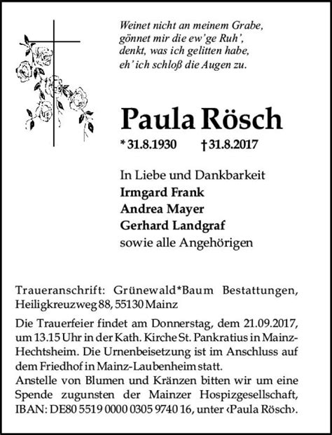 Traueranzeigen von Paula Rösch vrm trauer de