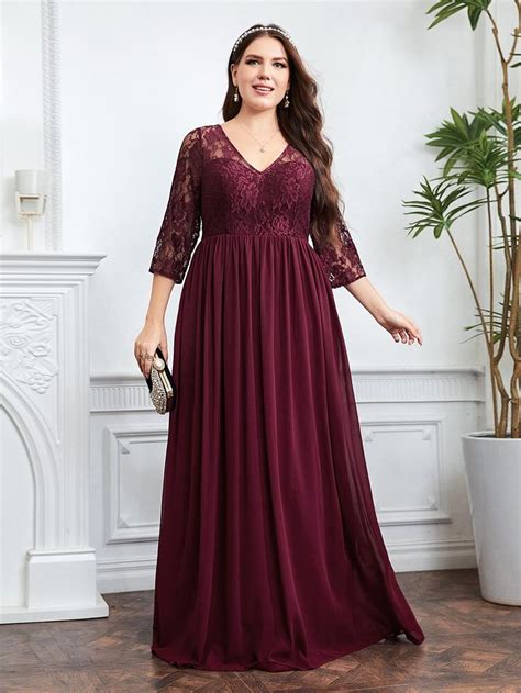 Maroon Elegant Collar Three Quarter Length Sleeve Chiffon Plain A Line