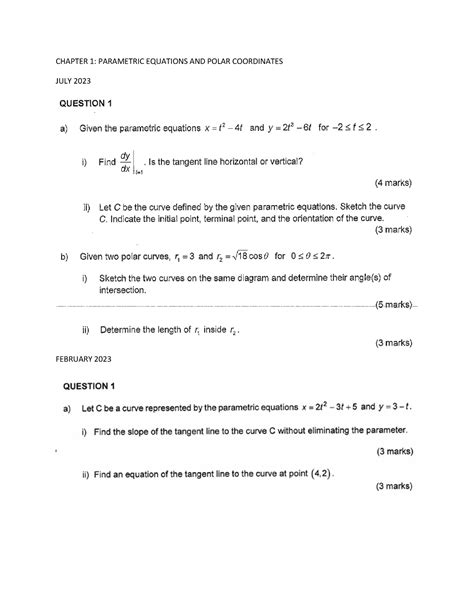 POLAR COORDINATE AND PARAMETRIC EQUATIONS PAST YEAR CHAPTER 1