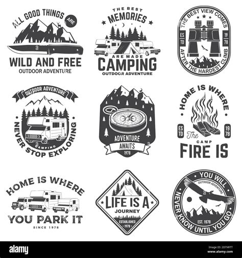 Set Of Rv Camping Badges Patches Vector Illustration Concept For