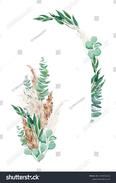 Watercolor Pampas Grass Eucalyptus Border Garland Stock Illustration