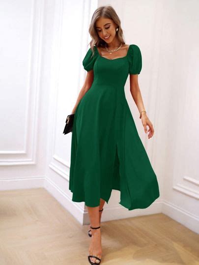 Puff Sleeve Sweetheart Neck Split Thigh Dress