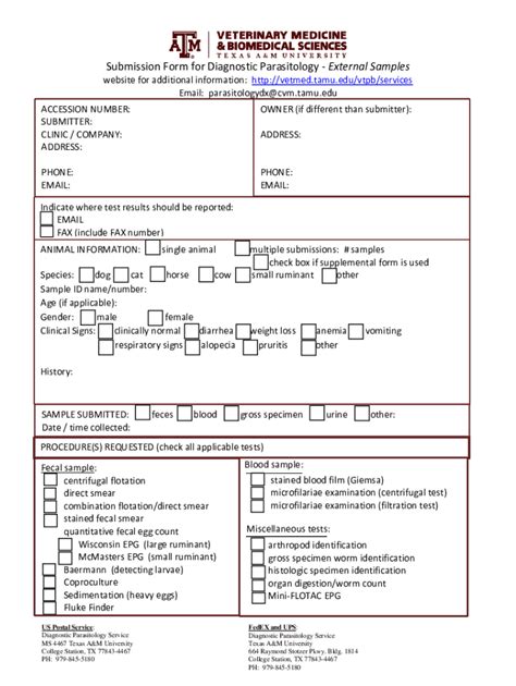 Fillable Online Vetmed Tamu Submission Form For Diagnostic Parasitology