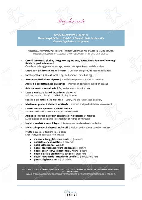 Menu at Limone Restaurant, Milan