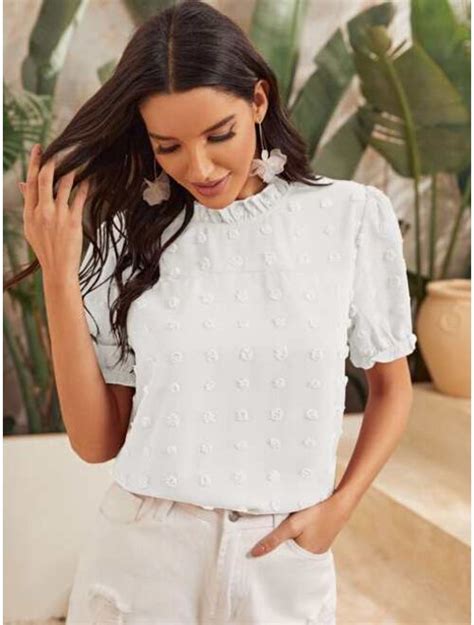 Buy Shein Swiss Dot Frill Neck Blouse Online Topofstyle