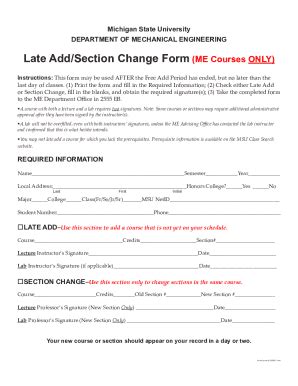 Fillable Online Fillable Online Egr Msu Late Add Section Change Form