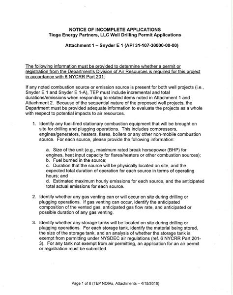 NYSDEC Letter to Tioga Energy Partners re: Notice of incomplete Application for Propane ...