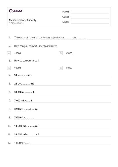 50+ Measurement and Capacity worksheets for 5th Grade on Quizizz | Free & Printable