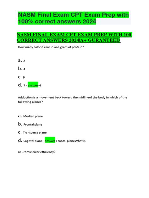 Nasm Final Exam Cpt Exam Prep With 100 Correct Answers 2024 Pdf