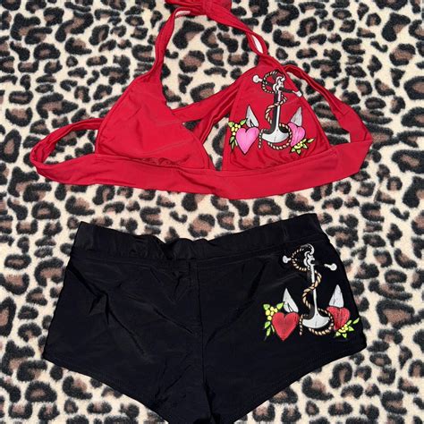 Red And Black Graphic Bikini Set With Anchor And Depop
