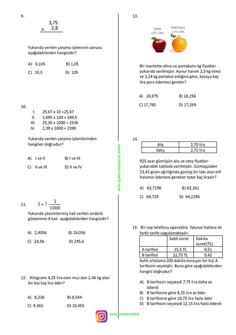 Sinif Ondalik G Ster Mler Le Arpma Lem Test Matematik