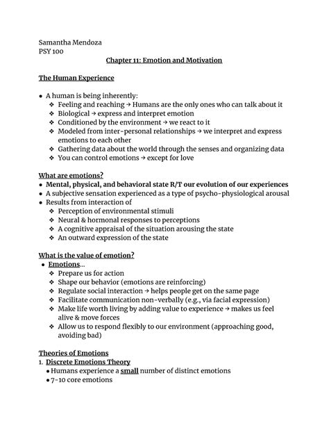 PSY 100 Emotion And Motivation Ch 11 Outline Samantha Mendoza PSY 100