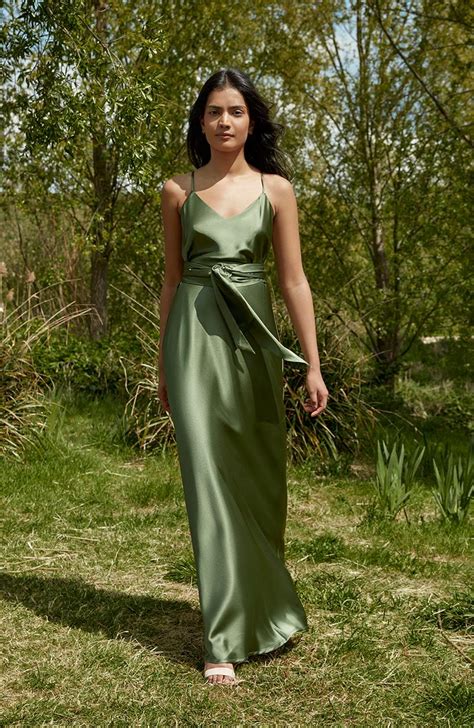 Olive Green Satin Dress With Sleeves Dresses Images Page