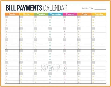 Free bill payment calendar template