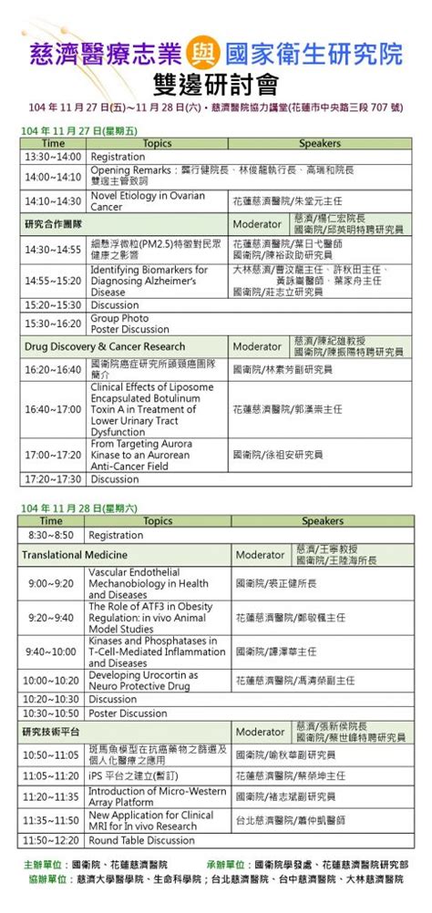 104年11月27～28日慈濟醫療志業 與 國家衛生研究院 雙邊研討會 慈濟大學醫學院