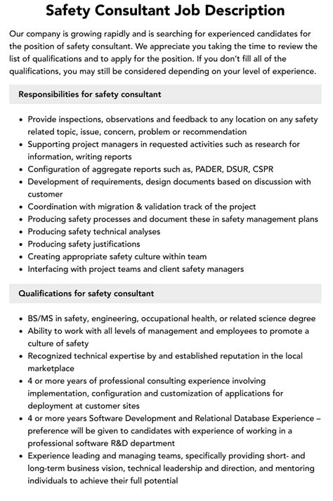 Safety Consultant Job Description Velvet Jobs