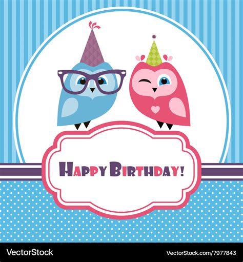 Blue Birthday Card With Two Owls Royalty Free Vector Image