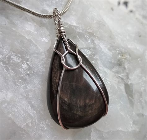 Golden Sheen Obsidian Pendant Wire Wrapped Sterling Silver Etsy