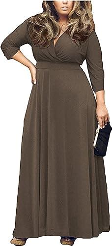 Womens Solid V Neck 3 4 Sleeve Plus Size Evening Party Maxi Dress