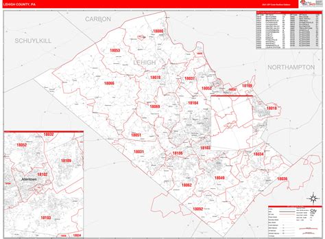 Lehigh County Pa Zip Code Wall Map Red Line Style By Marketmaps Mapsales