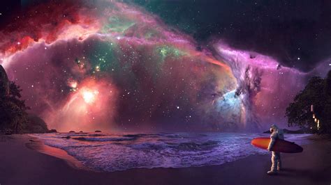 Download Nebula Star Cloud Astronaut Purple Beach Sci Fi Landscape Hd