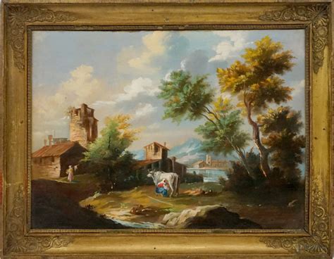 Paesaggio Con Case Armento E Figure Olio Su Tela Cm 50x70 Siglato