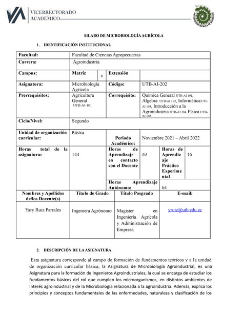 Microbiolog A Syllabus Yary Agroindustria Silabo De Microbiolog A