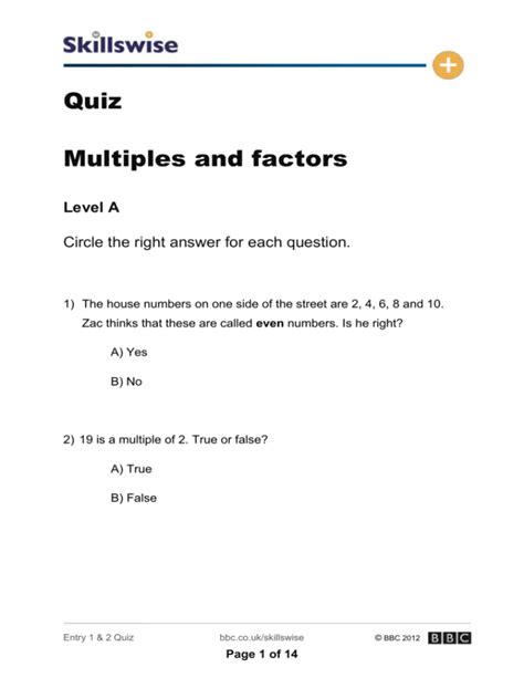 Quiz Multiples And Factors Level A Circle The Right Answer For Each