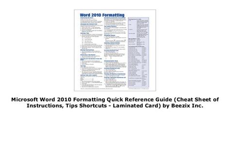 Microsoft Word 2010 Formatting Quick Reference Guide Cheat Sheet Of