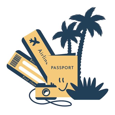 Icono de viaje con boletos de avión pasaporte cámara palmera concepto