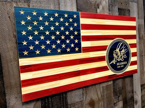 Seabees Rustic American Wood Flag Us Navy Seabee Flag Etsy