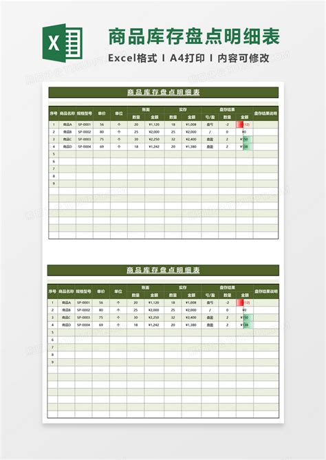 绿色商务简约商品库存盘点明细表excel模板下载明细表图客巴巴