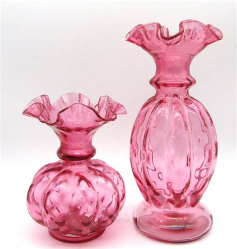 Vintage Fenton Melon Vase Cranberry Glass With Ruffled Rim Set Of 2