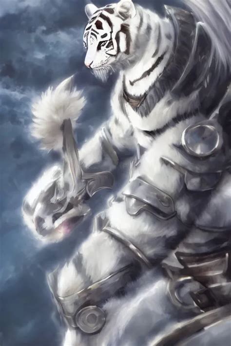 White Tiger With Armor Fursona Anthro Young Boy Stable Diffusion