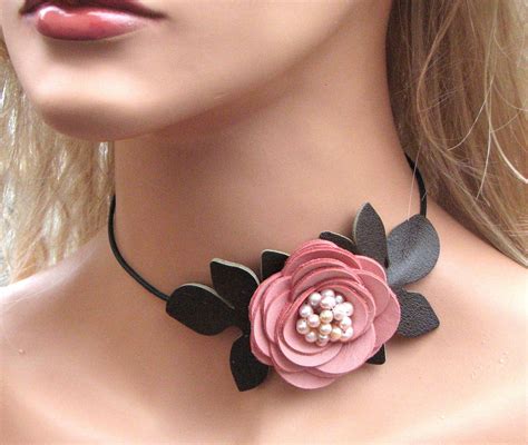 Flower Necklace Leather Necklace Choker Pink Roses Leather