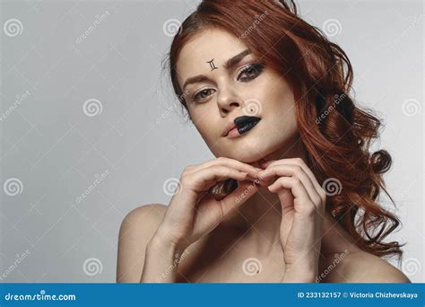 Red Haired Woman Naked Shoulders Zodiac Sign On Face Gemini Stock Image