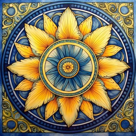 Premium Photo | Painting of a sunflower with a blue center surrounded ...