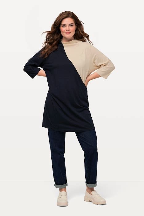 Eco Cotton Color Block Turtleneck Tunic Tee Navy Blue Ulla Popken