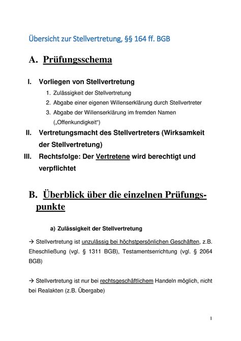 U bersicht Stellvertretung Übersicht zur Stellvertretung 164 ff