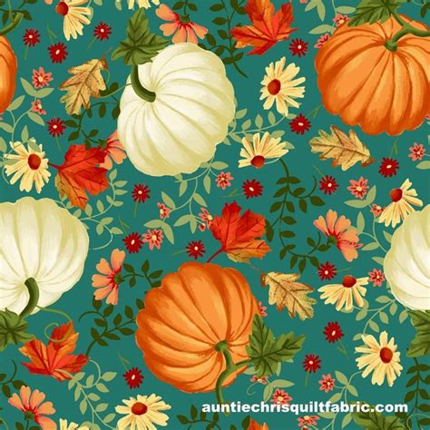 Cotton Quilt Fabric Autumn Pumpkin Patch Teal Blue Floral - AUNTIE ...