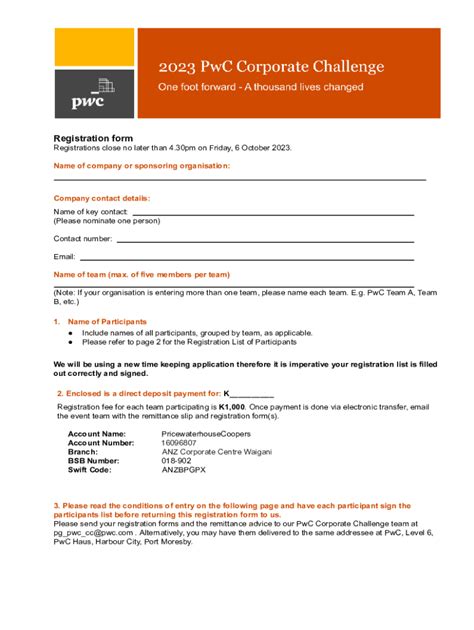 Fillable Online PwC Corporate Challenge Registration Form 2023 Fax